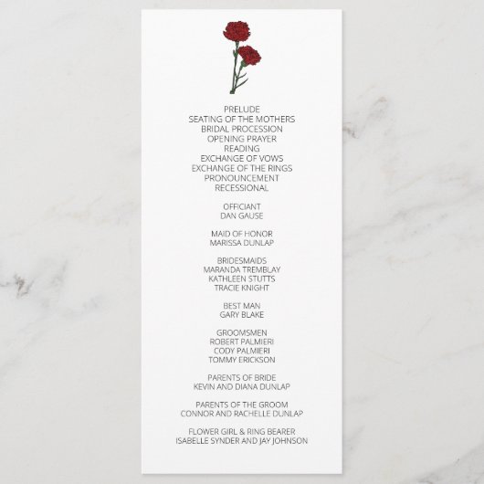 Minimalistische Rode Anjers Trouwprogramma Programmakaart (Voorkant)