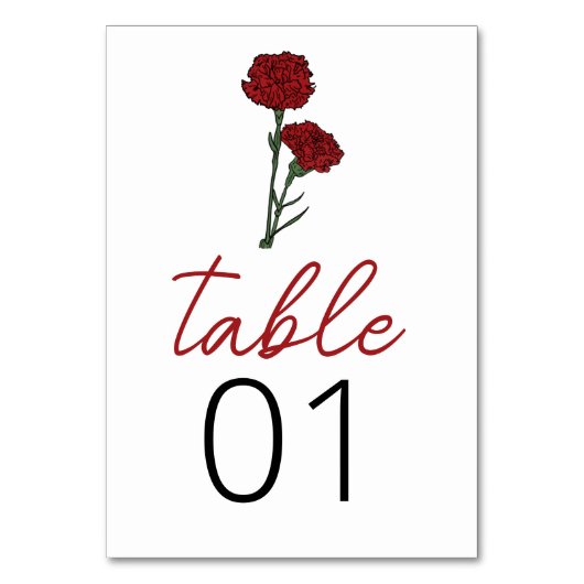 Minimalistische Rode Anjers Trouwtafelnummer Kaart (Voorkant)