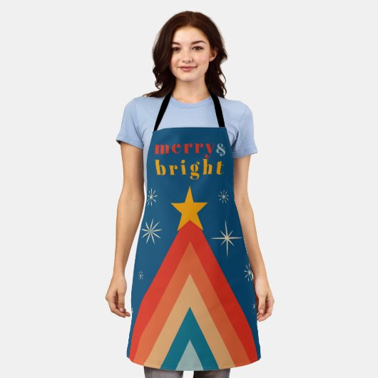 Minimalistische rode & blauwe retro groovy kerst schort (Gedragen)