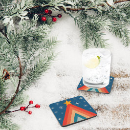 Minimalistische rode & blauwe retro groovy kerstbo bier onderzetter