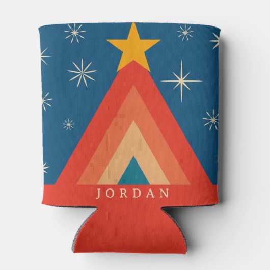 Minimalistische Rode & Blauwe Retro Groovy Kerstbo Blikjeskoeler (Achterkant)