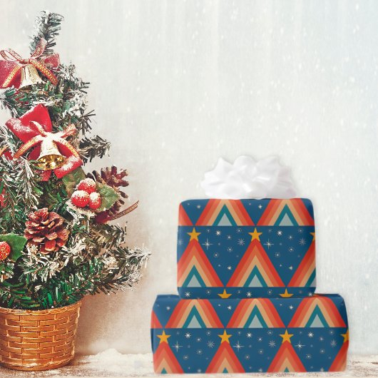 Minimalistische rode & blauwe retro groovy kerstbo cadeaupapier