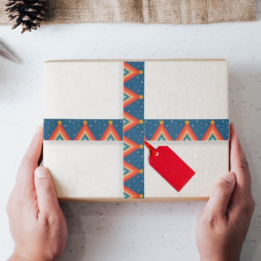 Minimalistische rode & blauwe retro groovy kerstbo satijnen lint