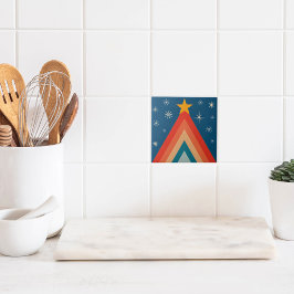 Minimalistische rode & blauwe retro groovy kerstbo tegeltje