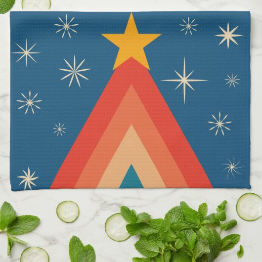 Minimalistische rode & blauwe retro groovy kerstbo theedoek (Gevouwen)