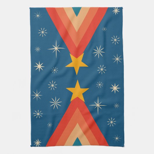 Minimalistische rode & blauwe retro groovy kerstbo theedoek (Verticaal)