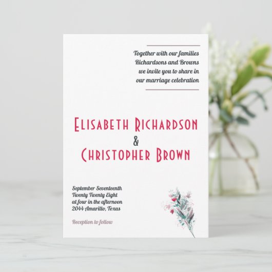 Minimalistische rode bloemige bruiloft uitnodiging (Staand voorkant)