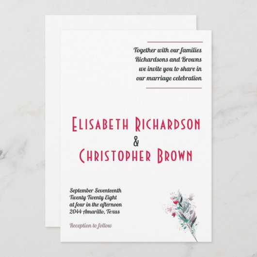 Minimalistische rode bloemige bruiloft uitnodiging (Voorkant / Achterkant)