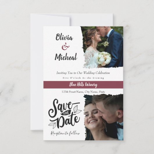 minimalistische Rode Bourgogne bewaar de datum 2 f Kaart (Voorkant)