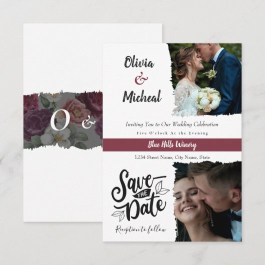 minimalistische rode Bourgogne save the date 2 fot Kaart (Voorkant / Achterkant)