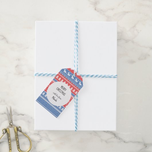 Minimalistische rode en blauwe kerst - Uniek patro Cadeaulabel (Met Touw)