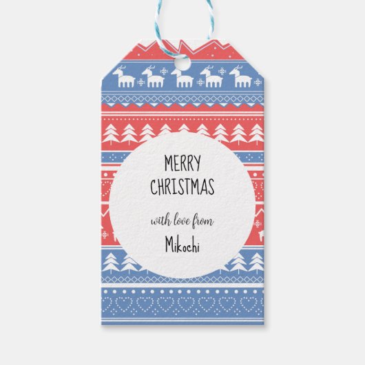 Minimalistische rode en blauwe kerst - Uniek patro Cadeaulabel (Voorkant)