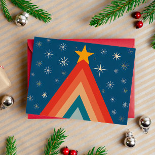 Minimalistische rode en blauwe retro groovy kerstb folie feestdagen briefkaart