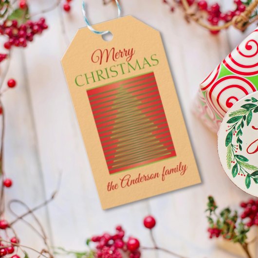 Minimalistische, rode en groene vrolijke kerstgroe cadeaulabel