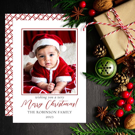 Minimalistische rode en witte foto Vrolijk kerstfe Feestdagenkaart