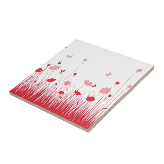 Minimalistische rode en witte klaprozen weide bloe tegeltje (Zijkant)