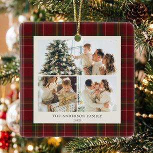 Minimalistische rode geruite kerstfoto-collage keramisch ornament