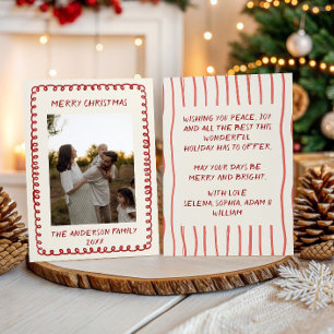 Minimalistische Rode Handgetekende Kerst Fotokaart Feestdagenkaart