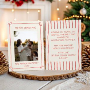 Minimalistische Rode Handgetekende Kerst Fotokaart Feestdagenkaart