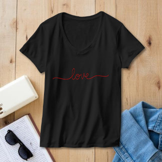 Minimalistische Rode Liefdesscriptie Zwarte V-Hals T-shirt