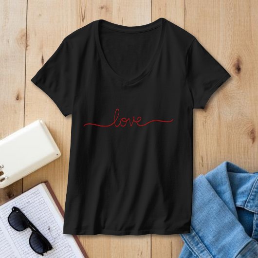 Minimalistische Rode Liefdesscriptie Zwarte V-Hals T-shirt