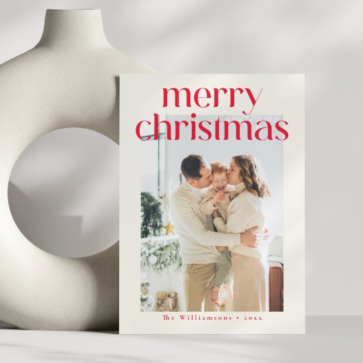 Minimalistische rode moderne aangepaste foto kerst feestdagenkaart