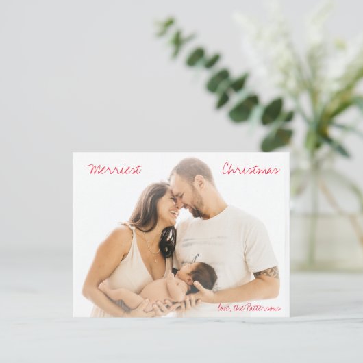 Minimalistische rode script foto moderne kerst feestdagenkaart (Staand voorkant)