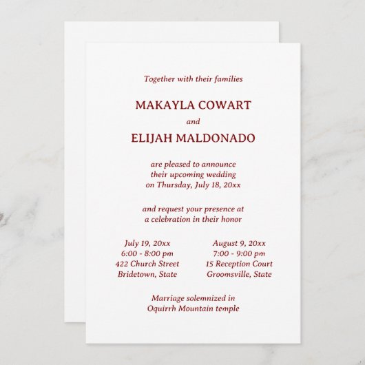 Minimalistische rode Spaans-Engelse twee receptie Kaart (Voorkant / Achterkant)