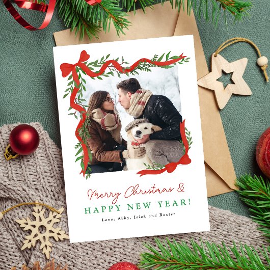 Minimalistische rode strik en groen Kerst fotokaar Feestdagenkaart