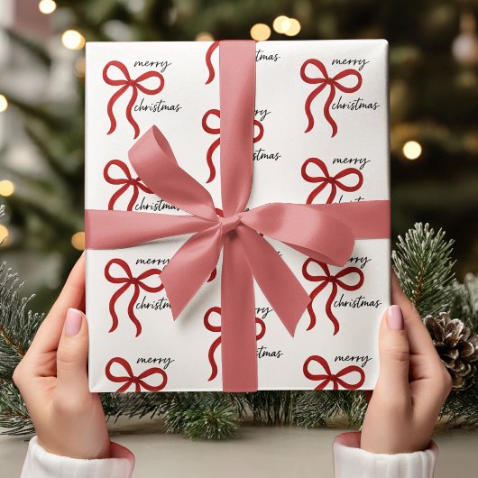 Minimalistische Rode Strik Vrolijk Kerstmis Cadeaupapier