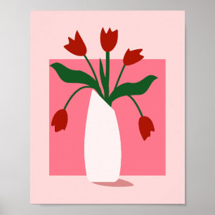 Minimalistische Rode Tulpen in Roze Vaas Esthetisc Poster