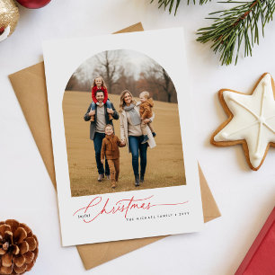 Minimalistische Rode Vrolijke Kerst Familie Foto Feestdagenkaart