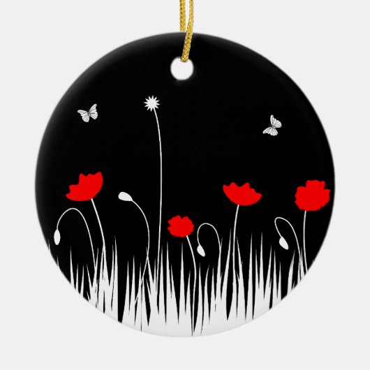 Minimalistische rode zwarte en witte klaprozen wei keramisch ornament (Voorkant)