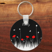 Minimalistische Rode Zwarte en Witte Klaprozen Wei Sleutelhanger (Voorkant)