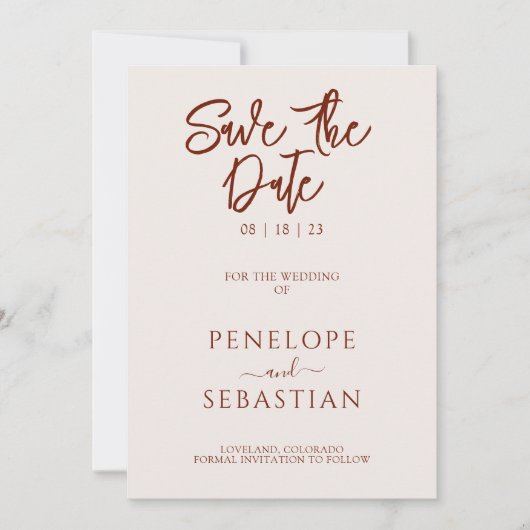 Minimalistische roest terracotta moderne foto brui save the date (Voorkant)