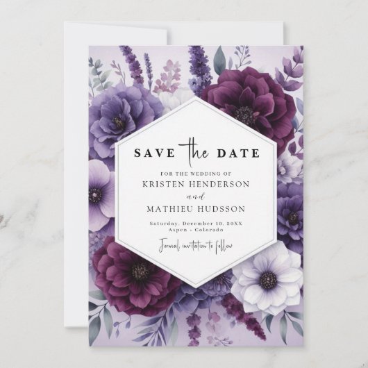 Minimalistische Romance Paarse bloemen bruiloft Save The Date (Voorkant)