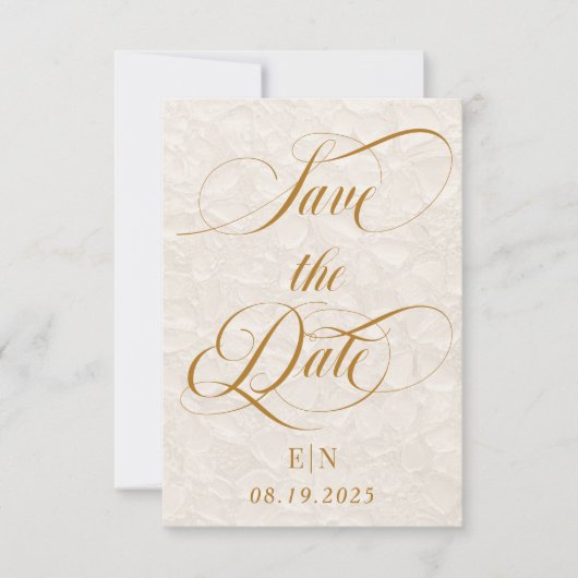 Minimalistische Romantische Beige Gouden Bloemen Save The Date (Voorkant)