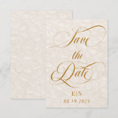 Minimalistische Romantische Beige Gouden Bloemen Save The Date (Voorkant / Achterkant)