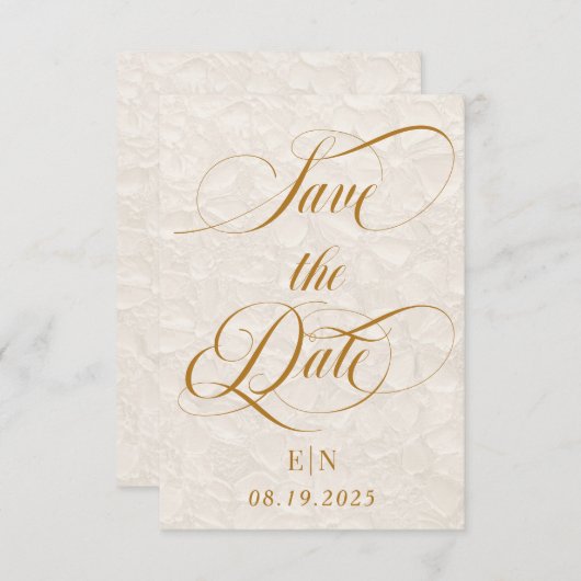 Minimalistische Romantische Beige Gouden Bloemen Save The Date (Voorkant / Achterkant)