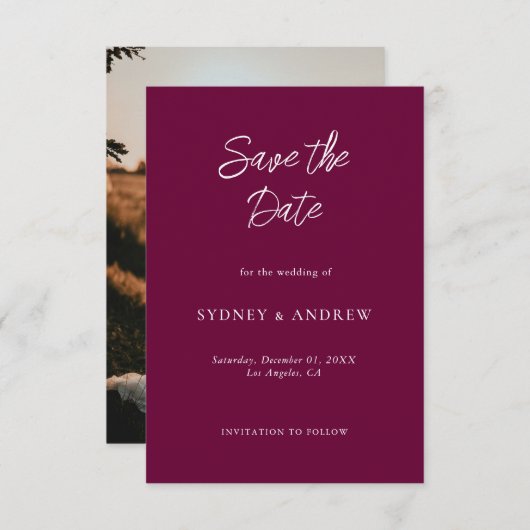 Minimalistische romantische Bourgondische foto Save The Date (Voorkant / Achterkant)