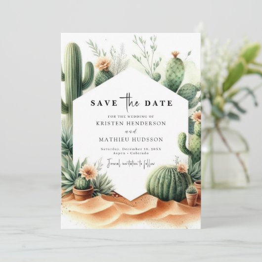 Minimalistische romantische cactus bruiloft save the date (Staand voorkant)