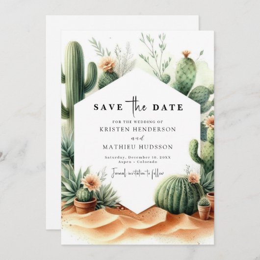 Minimalistische romantische cactus bruiloft save the date (Voorkant / Achterkant)
