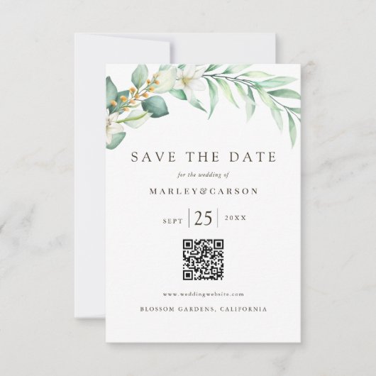Minimalistische romantische groen QR CODE bruiloft Save The Date (Voorkant)