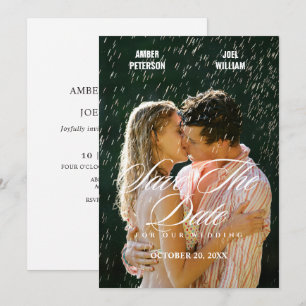 Minimalistische romantische regen trouwfoto  save the date