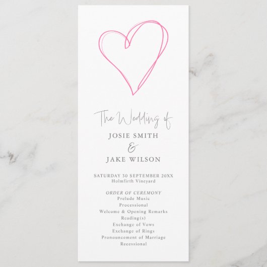 Minimalistische Romantische Roze Hart huwelijkscer Programmakaart (Voorkant)