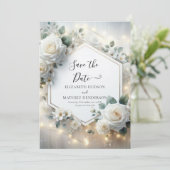 Minimalistische romantische witte rozen bruiloft save the date (Staand voorkant)