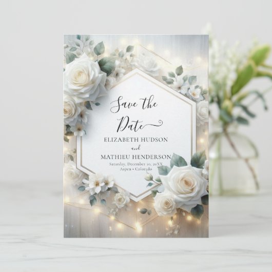 Minimalistische romantische witte rozen bruiloft save the date (Staand voorkant)