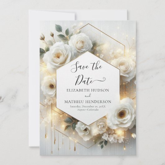 Minimalistische romantische witte rozen bruiloft save the date (Voorkant)