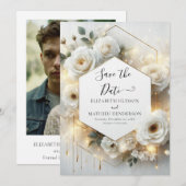 Minimalistische romantische witte rozen bruiloft save the date (Voorkant / Achterkant)