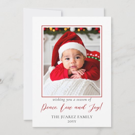 Minimalistische rood-wit foto vrede liefde en vreu feestdagenkaart (Voorkant)